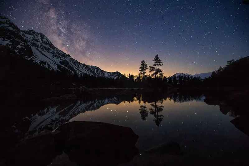 Night shot of an alpine lake with snow-capped mountains, pine trees, and the Milky Way in a clear starry sky, all reflected.