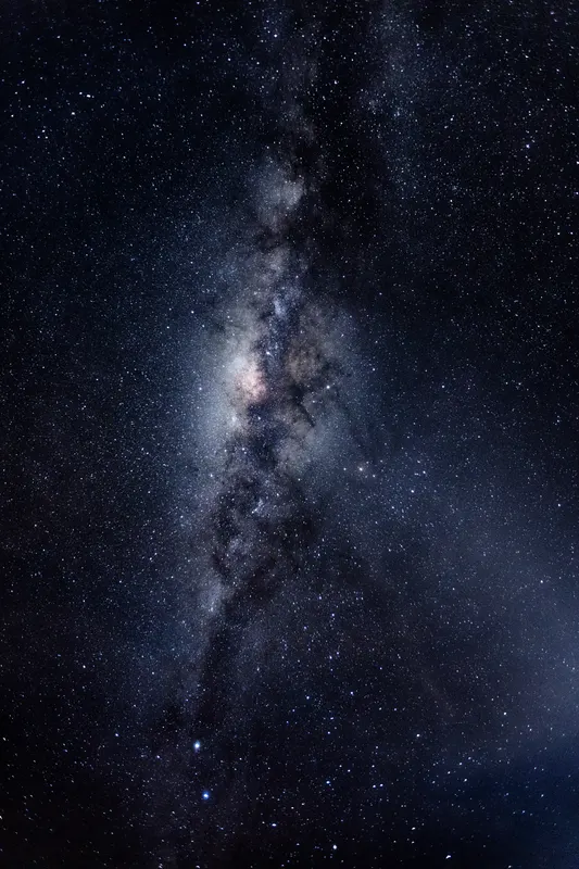 A vertical image of the Milky Way, stretching as a bright band through a dark, star-filled night sky.